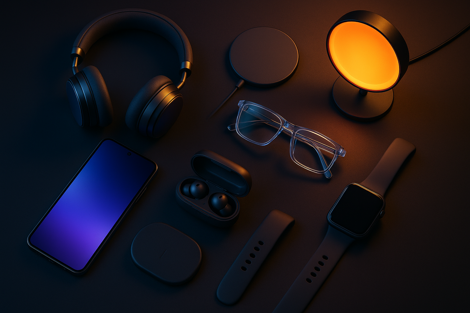 “A cinematic product flatlay featuring modern tech gadgets arranged stylishly on a dark gradient background. Include a sleek smartphone, wireless headphones, smart glasses, a sunset lamp glowing softly, and other trendy tech accessories. The scene should have dramatic lighting with a futuristic glow, high contrast shadows, and a premium aesthetic. The composition should feel modern, minimal, and professional, suitable for an e-commerce hero banner.”