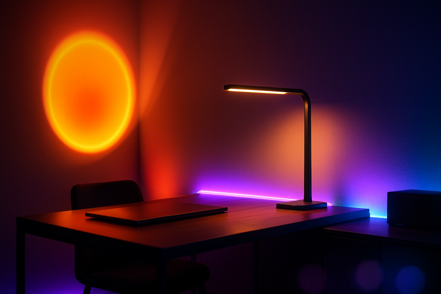 “A modern cinematic setup featuring a sunset lamp casting warm orange light, a sleek desk lamp, and small ambient LED lights glowing in purple and blue hues. Arranged in a minimal but stylish environment with soft shadows and glowing highlights. The scene should radiate a cozy yet futuristic atmosphere.”