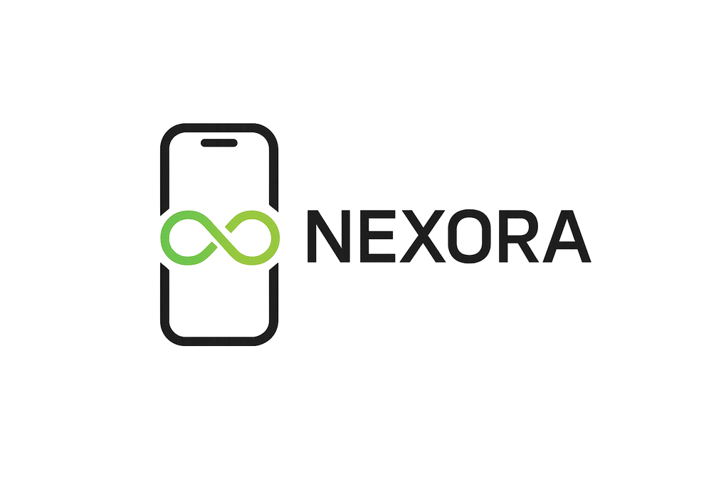“Minimalist logo design for a tech accessories brand called ‘Nexora’. Futuristic sans-serif font with a subtle abstract shape (like a smartphone outline or infinity loop). Colors: black, silver, and neon green. Clean, professional, and modern for an electronics store