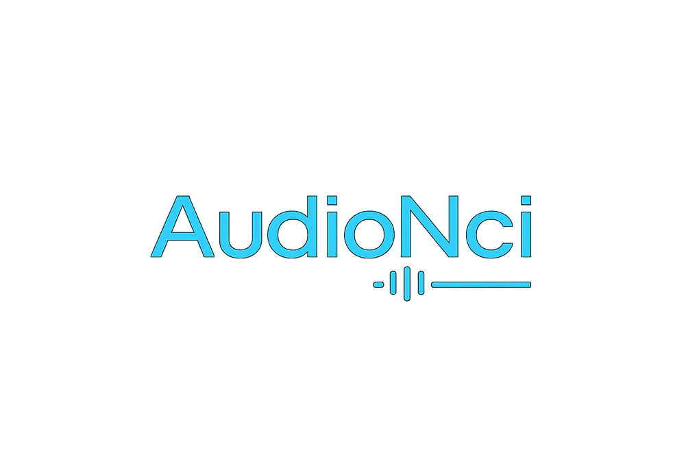 “Minimalist modern logo design for a tech audio brand called ‘AudioNci’. Clean typography with a futuristic style. Incorporate sound wave or headphone-inspired elements. Use bold, sleek lines with a black and electric blue color scheme. Professional, premium, and simple for an electronics brand.”