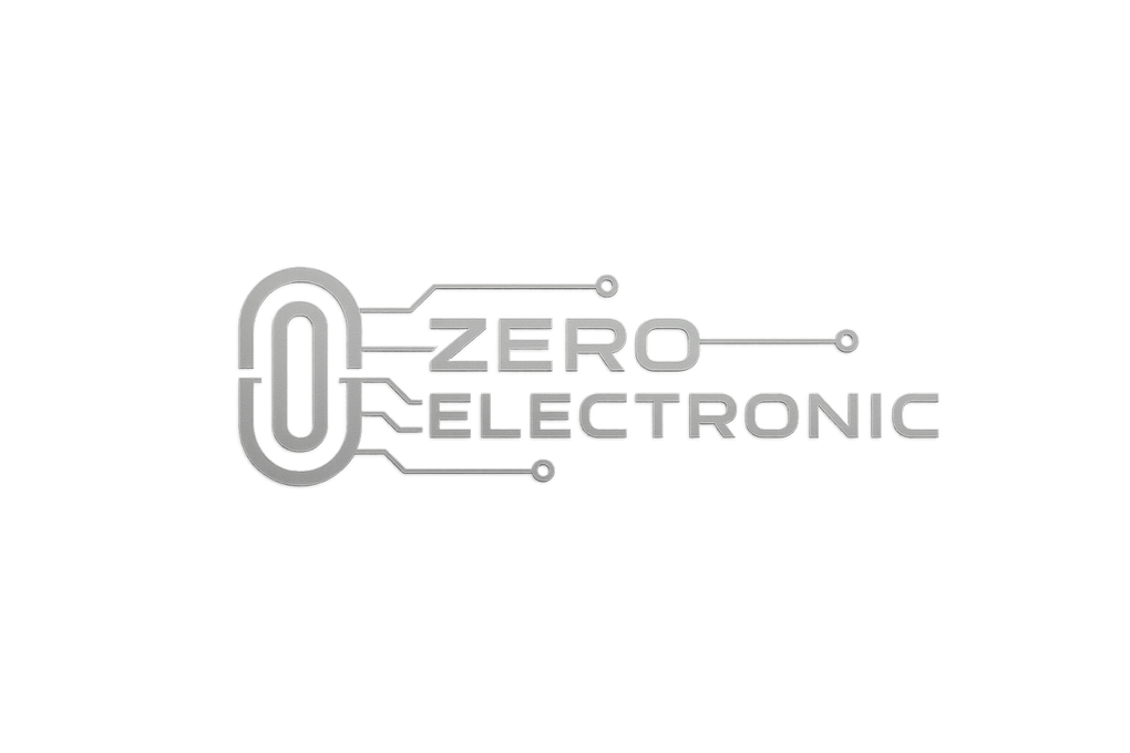 “Professional tech logo for ‘ZeroElectronic’. Minimal design with futuristic typography. Incorporate circuit lines or a digital zero symbol. Use metallic silver and dark blue tones for a modern, high-tech look. Flat and versatile for website and print use.”