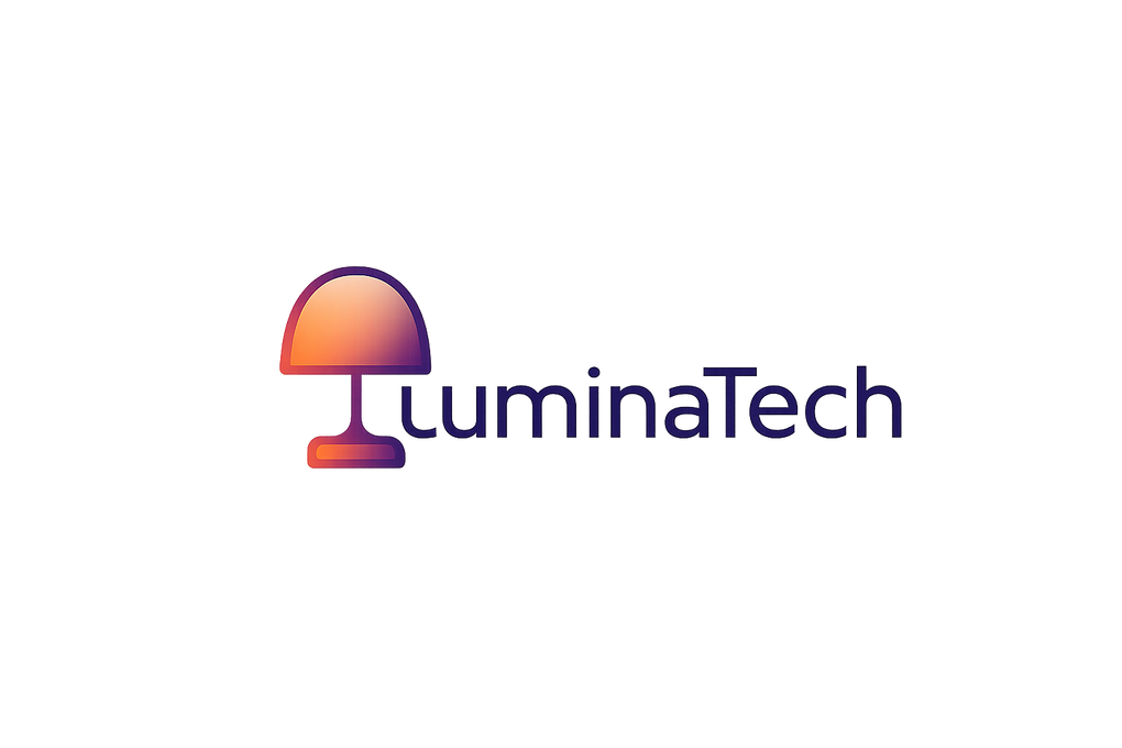 “Sleek and modern logo for ‘LuminaTech’, a smart lighting and gadgets brand. Minimal typography with a glowing lamp or abstract light icon. Colors: gradient orange and purple to represent a sunset lamp glow. Clean, futuristic, and stylish.”